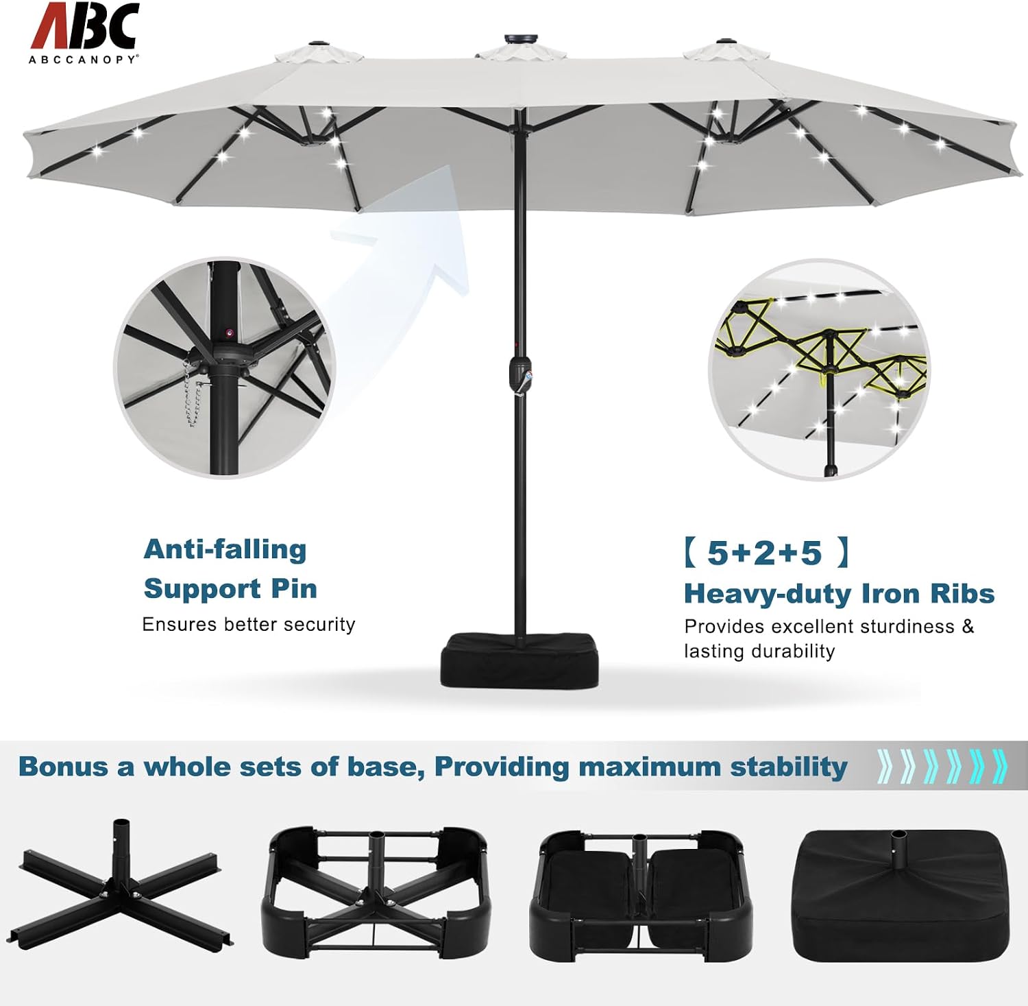 ABCCANOPY 15ft Umbrella Outdoor Patio Solar Lights with Base, Outdoor Double-Sided Rectangle Umbrella for Poolside, Lawn, Backyard (Light Gray)