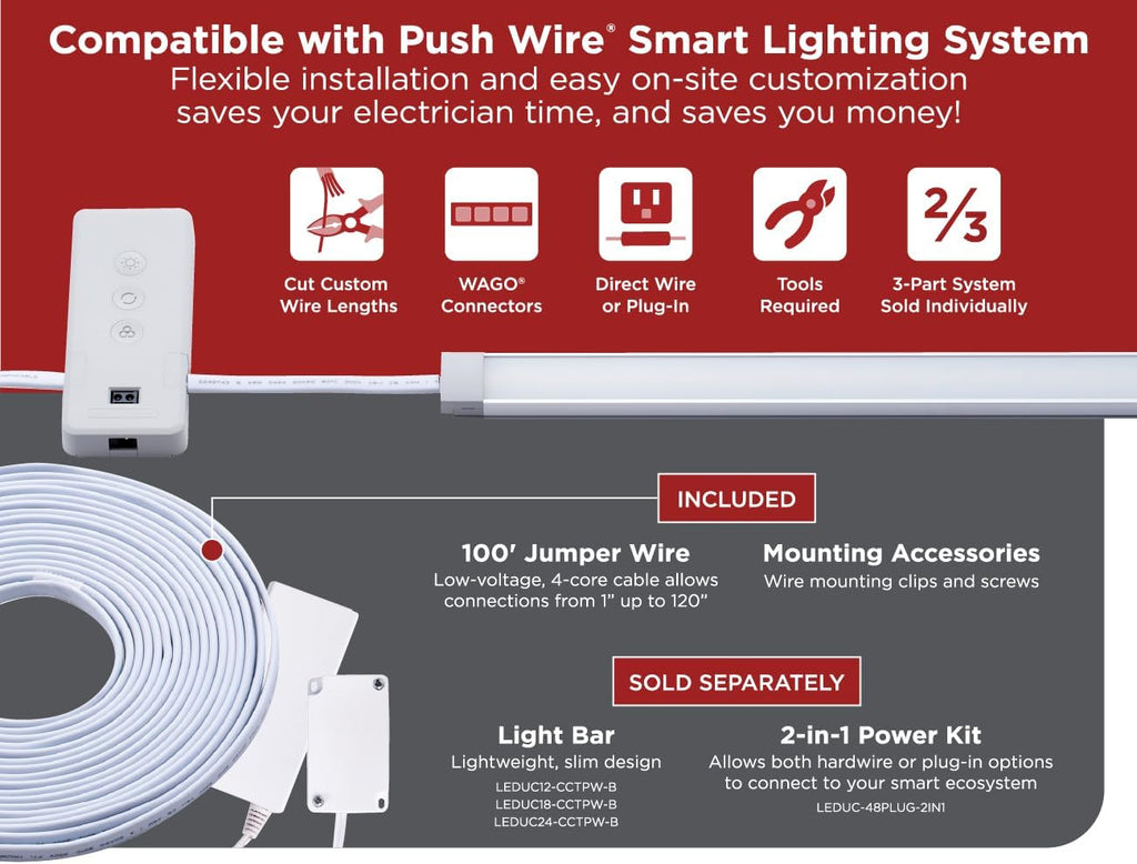 PureOptics LED Professional Push Wire 100' Jumper Wire Spool for Under Cabinet Lighting, Flat 5/6' or 8mm Cable, 4-Core CL2 Compliant, Non-Metallic, White