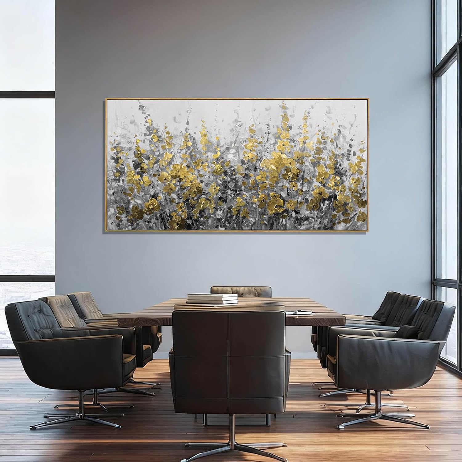 Framed Gold and Grey Abstract Flower Canvas Wall Art 24x48 Inch Textured Floral Painting Modern Decorative Artwork for Living Room Bedroom Office