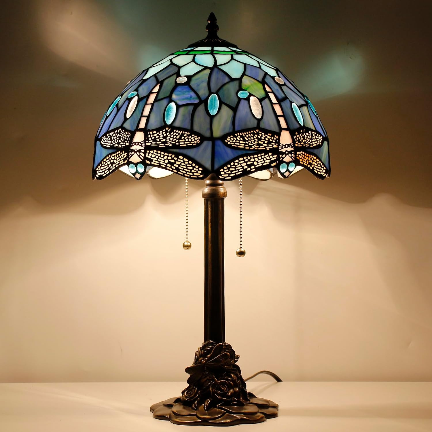 Tiffany Table Lamp Stained Glass Desk Lamp 12X12X21Inch Resin Base for Bedroom Living Room Reading Light (Blue Dragonfly)
