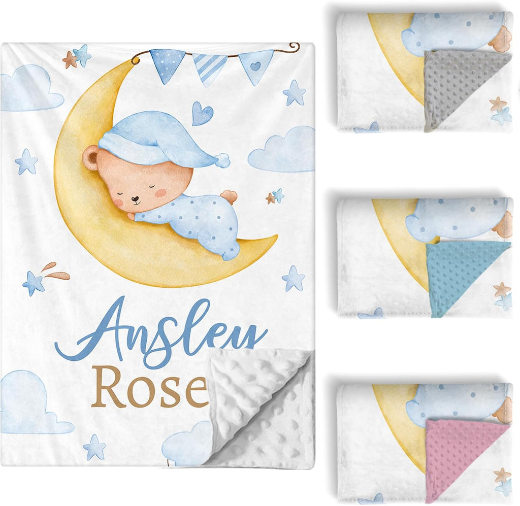 Custom Baby Crib Bedding Set, 5 PCS Personalized Name Baby Crib Sets for Girls Boys, Blue Bear Theme Nursery Bedding Sets for Infant Toddler, Double Layer Flannel Bed Set Customized Gifts