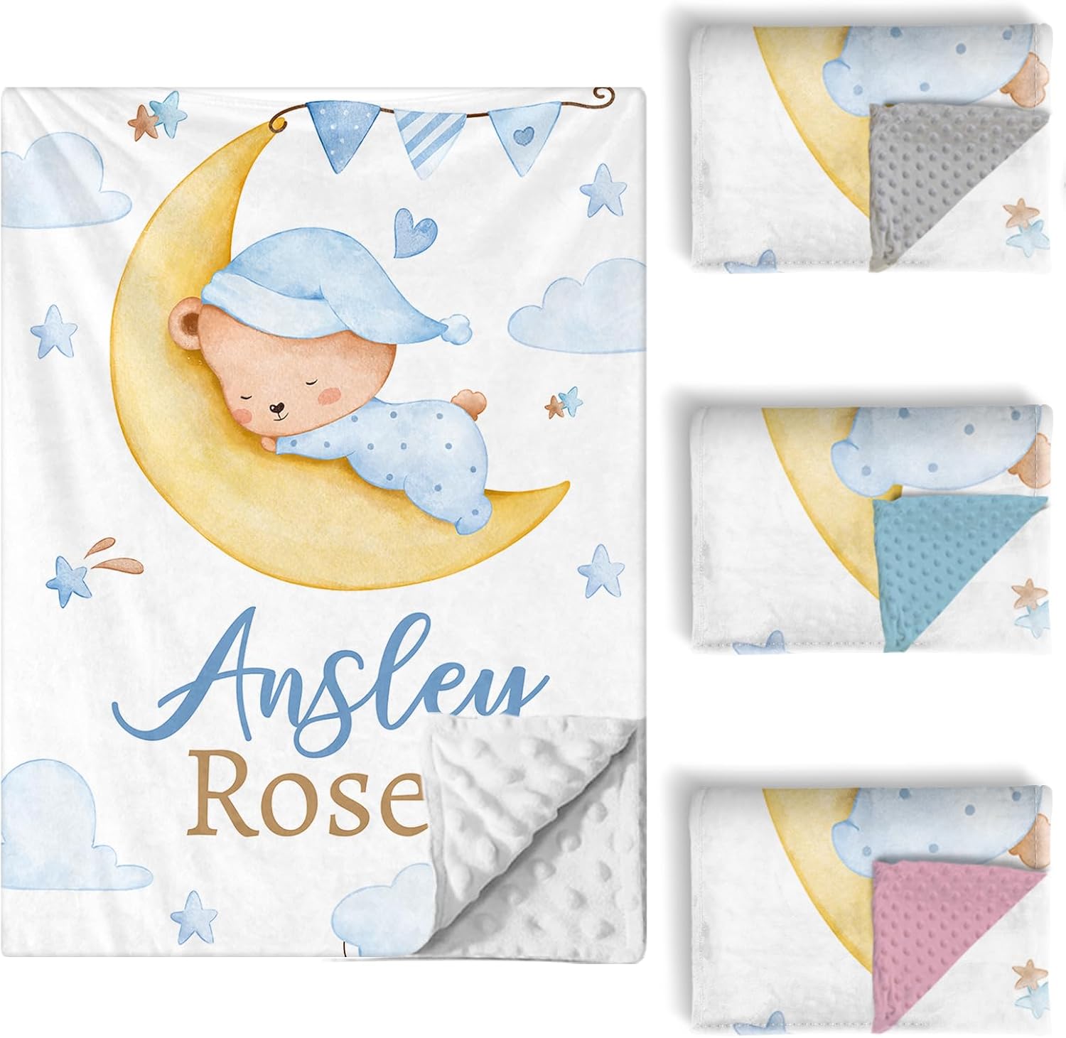 Custom Baby Crib Bedding Set, 5 PCS Personalized Name Baby Crib Sets for Girls Boys, Blue Bear Theme Nursery Bedding Sets for Infant Toddler, Double Layer Flannel Bed Set Customized Gifts