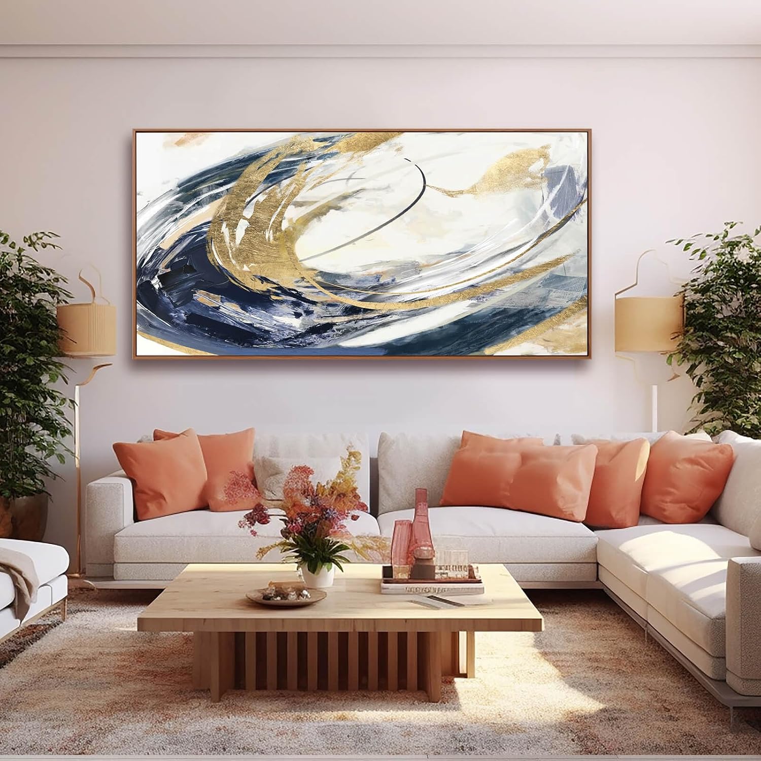 SDYA Large Artwork Abstract Painting 30'x 60'Gold Wall Decor Abstract Wall Art for Living Room Blue Artwork for Bedroom Kitchen Home Wall Decor