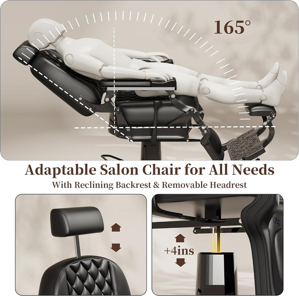 Baasha Retro Reclining Barber Chair, Ergonomic All-Purpose Salon Chair with Thick Cushion & Adjustable Headrest, Heavy-Duty Design, 550 lbs Support