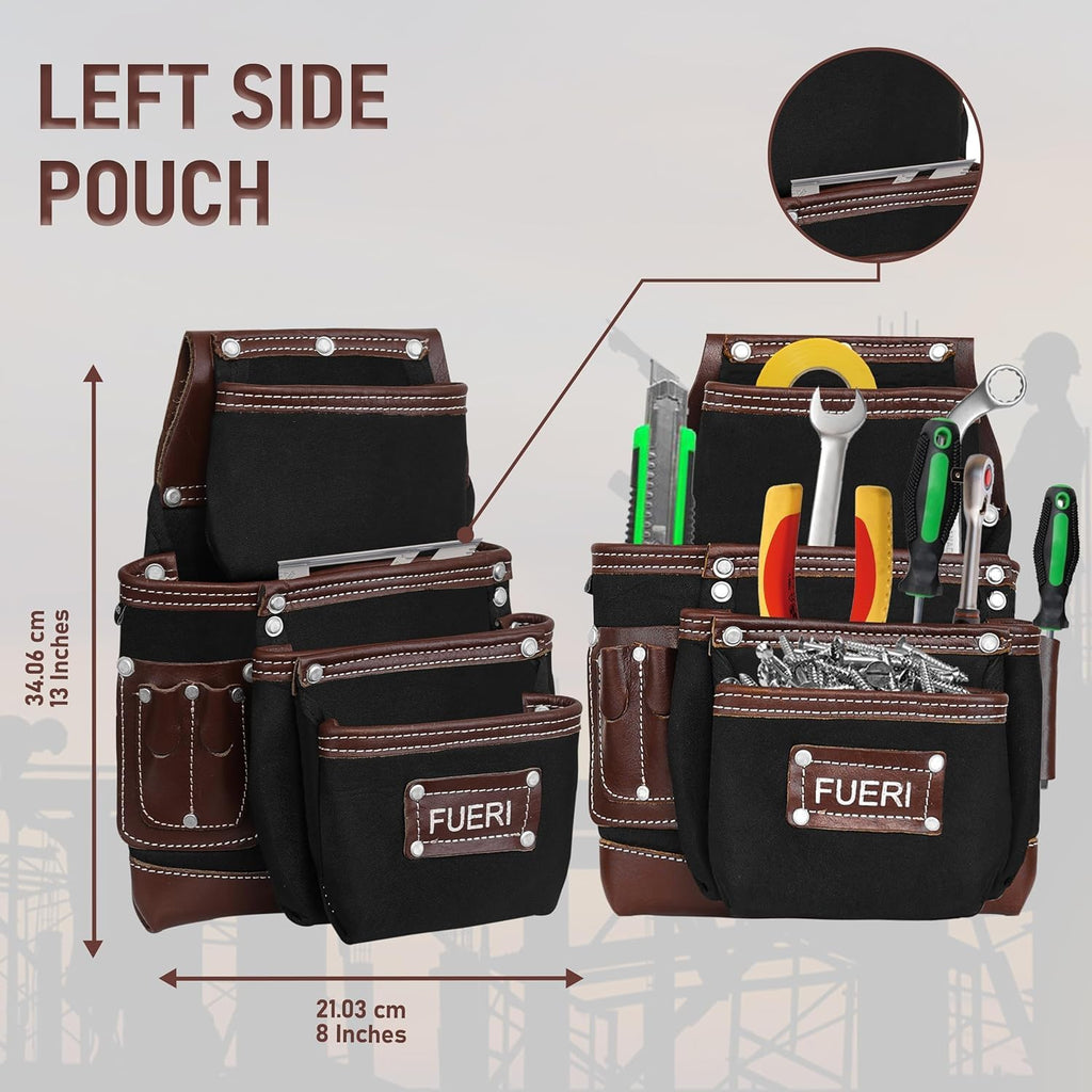 FUERI Nylon Tool Belt Bags Pouches Heavy Duty for Men Construction Carpenter Electrician Framer Work Black & Brown