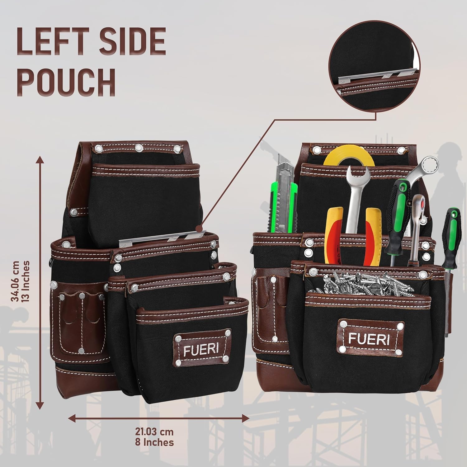FUERI Nylon Tool Belt Bags Pouches Heavy Duty for Men Construction Carpenter Electrician Framer Work Black & Brown