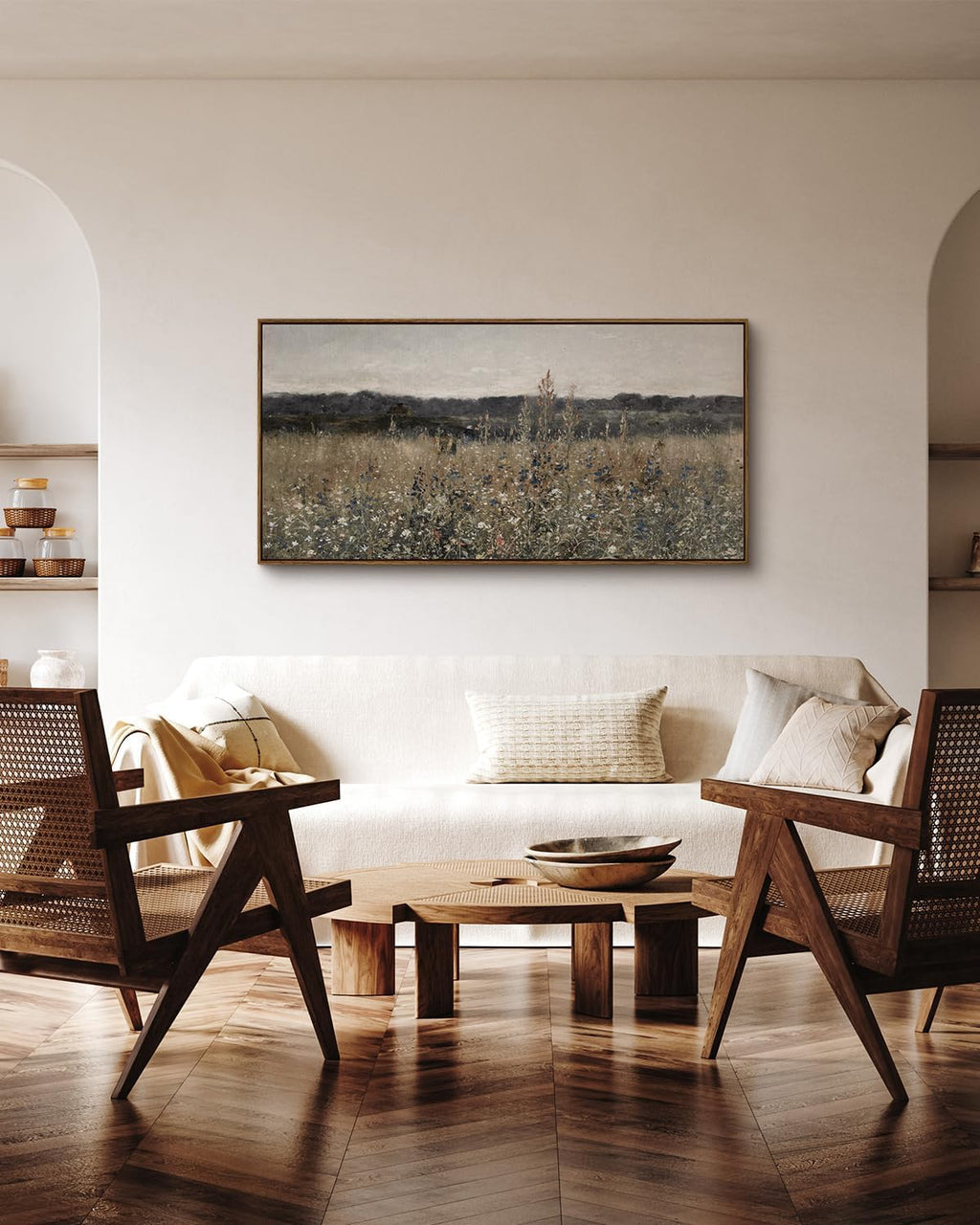 InSimSea Extra Large Framed Vintage Wall Art, Living Room Country Farmhouse Decor, Flower Meadow Landscape Paintings, Canvas Prints, Retro Scenery Long Pictures for Bedroom Above of Bed,24x48inch