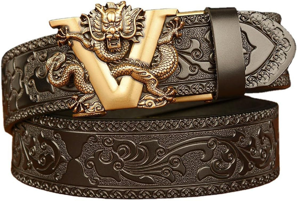 Mens Ratchet Leather Belt, Genuine Leather belts, Engraved Vintage Dragon Eagle Tiger Buckle, Business leisure belt