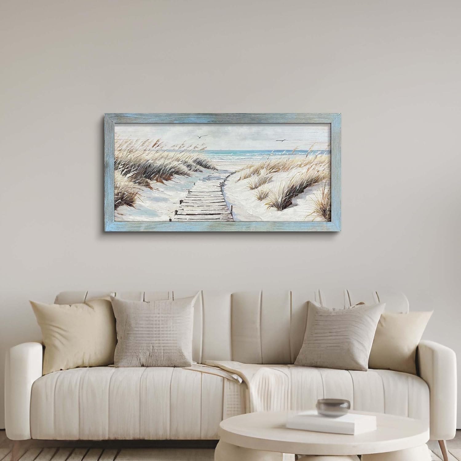 cozy country Coastal Wall Art Picture - Dynamic Beach Painting with Sand Dunes and Ocean Sky for Bathroom Living Room 48'x24'
