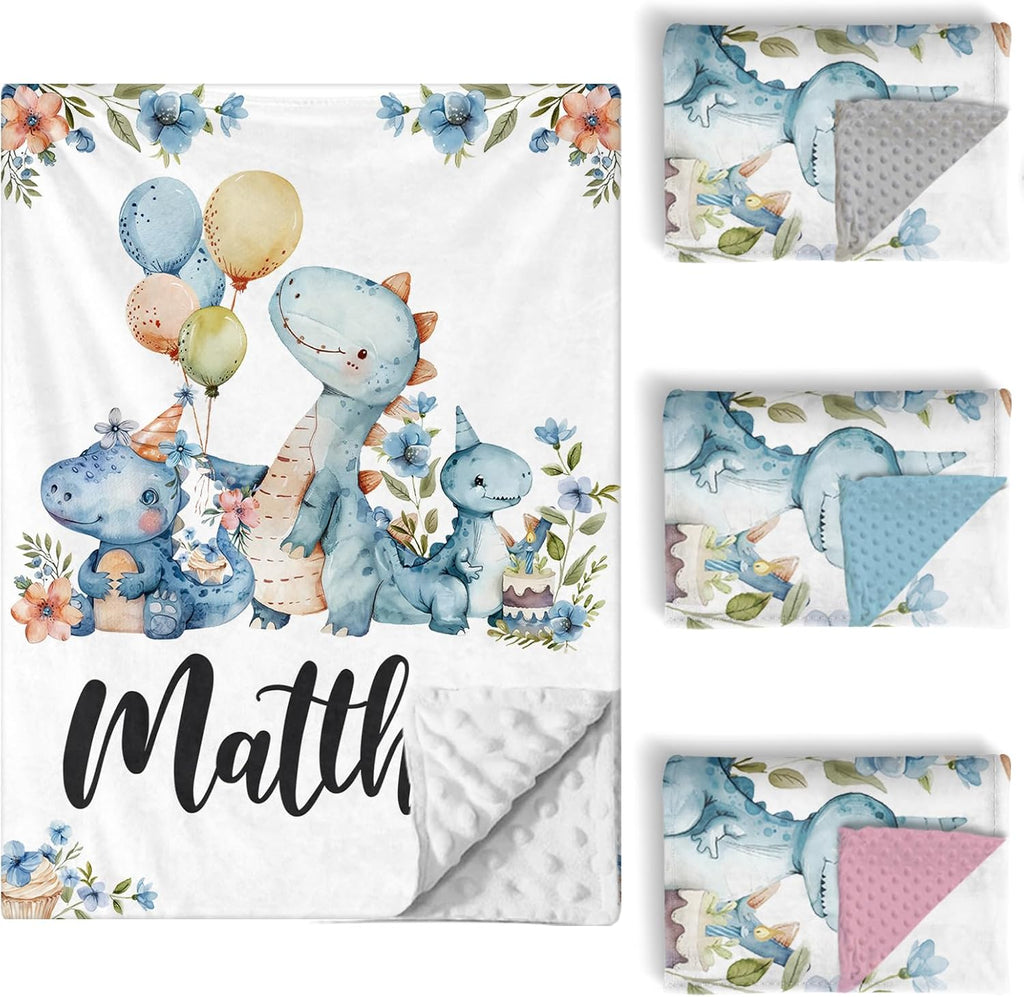 Custom Baby Crib Bedding Set, 5 PCS Personalized Name Baby Crib Sets for Girls Boys, Blue Dinosaur Theme Nursery Bedding Sets for Infant Toddler, Double Layer Flannel Bed Set Customized Gifts