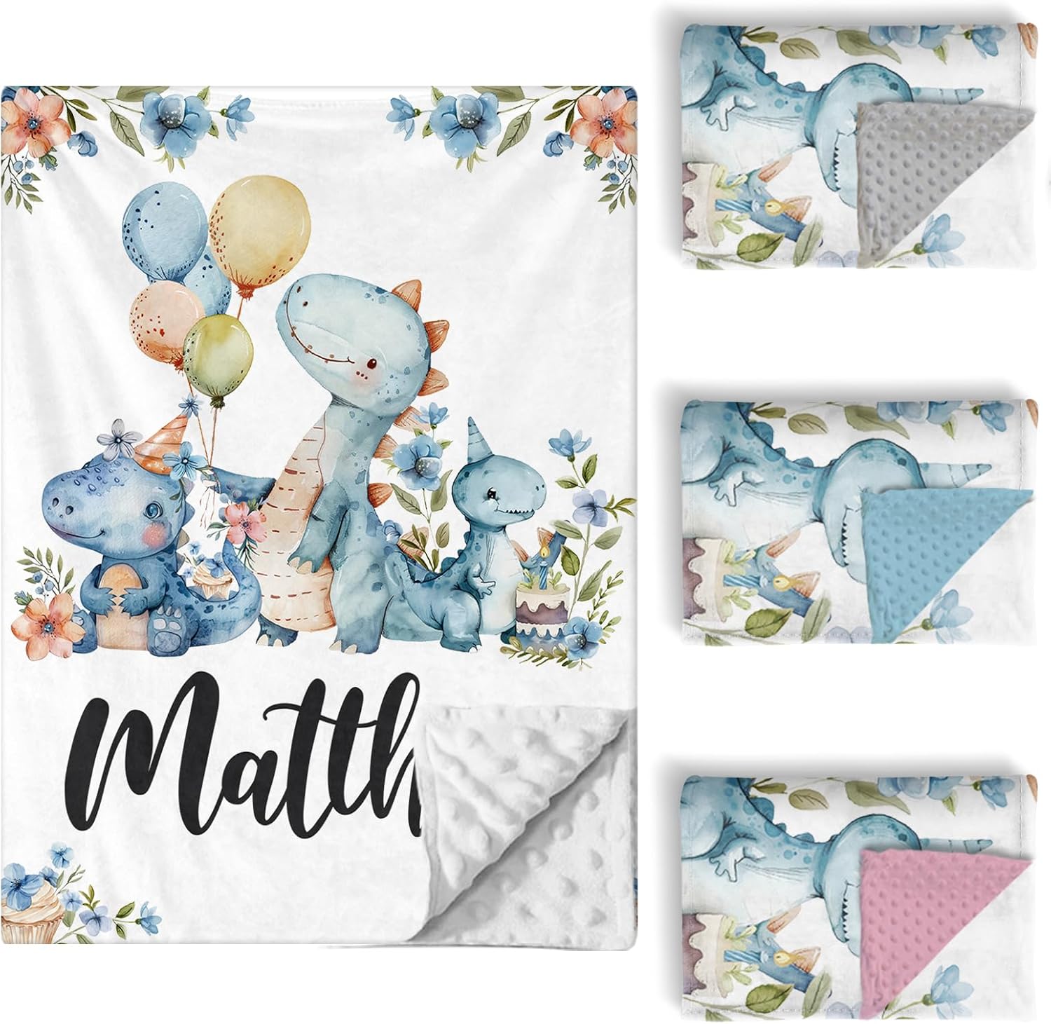 Custom Baby Crib Bedding Set, 5 PCS Personalized Name Baby Crib Sets for Girls Boys, Blue Dinosaur Theme Nursery Bedding Sets for Infant Toddler, Double Layer Flannel Bed Set Customized Gifts