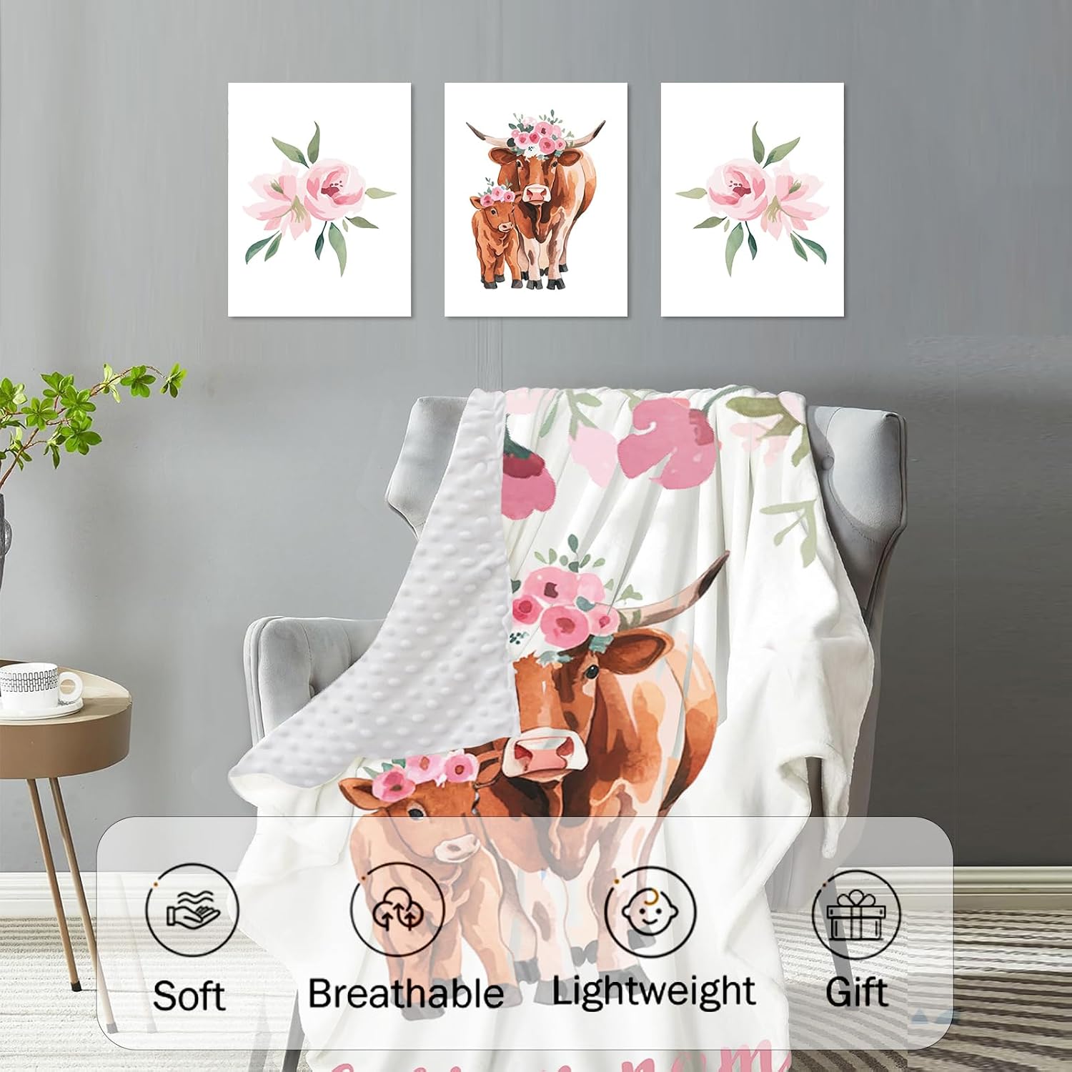 Personalized Nursery Crib Bedding Set: Custom Name Pink Flower 5 Piece Baby Crib Sets with Highland Cow Pattern - Toddler Double Layer Blanket Set, Comfortable Crib Bed Sheets for Baby Grils