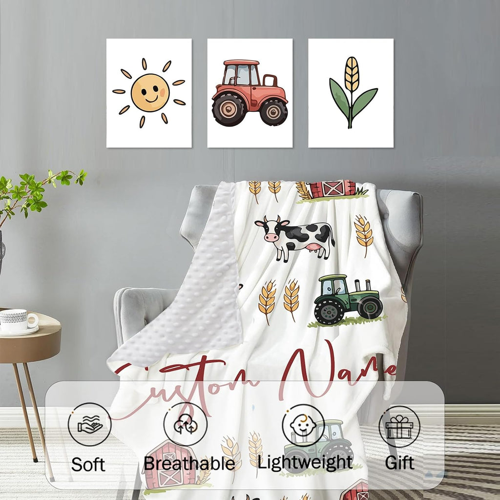 Personalized Crib Bedding Set for Baby Boys Girls, Farm Theme Custom Name Baby Crib Sets 5-Pcs, Double Layer Baby Blanket Fitted Sheet Changing Pad Cover Rug Wall Art Set