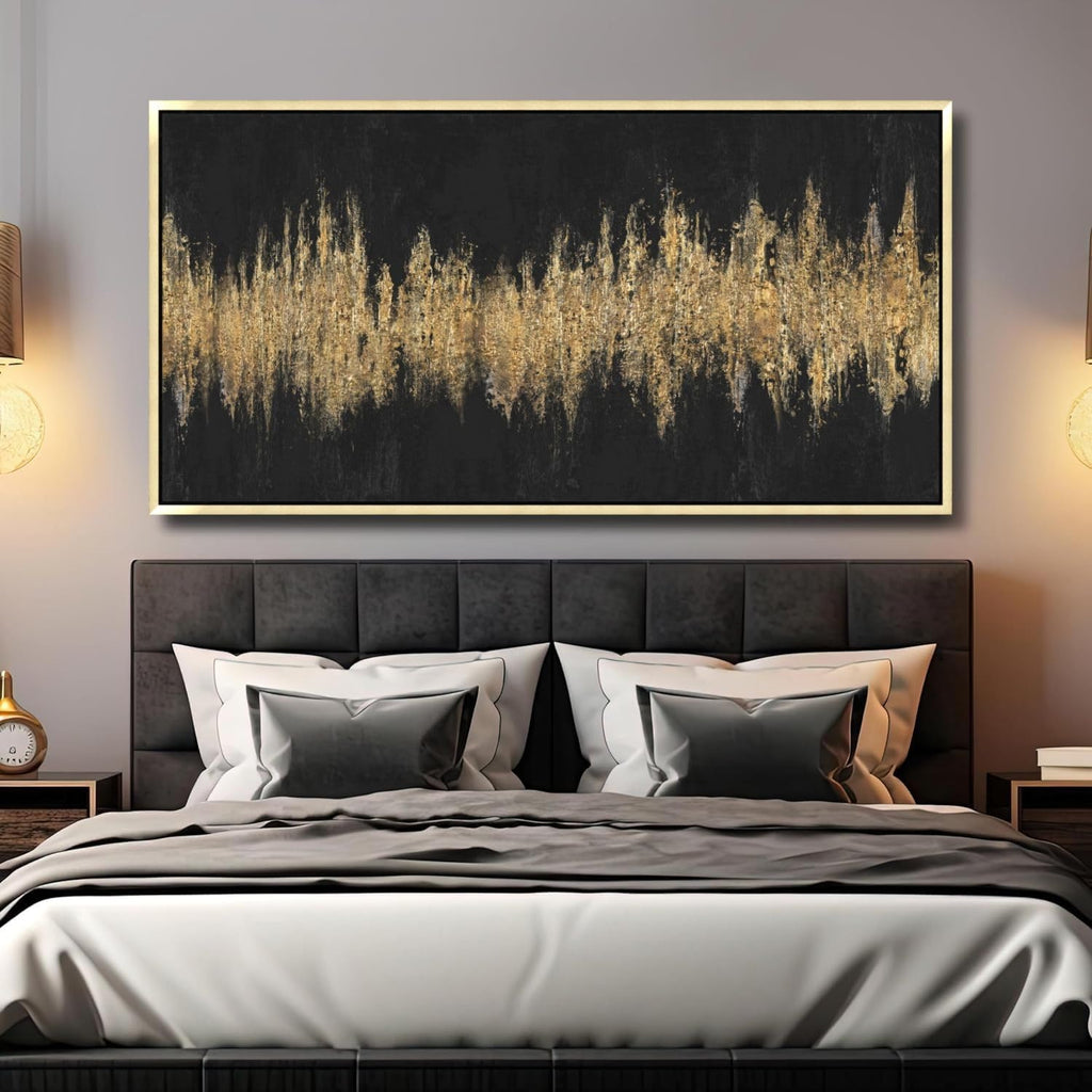 27'x56' Framed Black and Gold Abstract Sound Wave Textured Wall Art, Minimalist Pictures Canvas Wall Deco for Living Room Bedroom Office Gallery