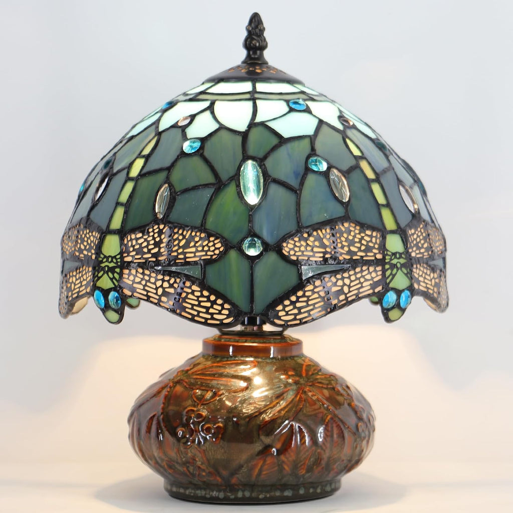 Small Tiffany Table Lamp Mini Mushroom Stained Glass Lamp Memory Sympathy lamp 10X11 Inch (Sea Blue Dragonfly)