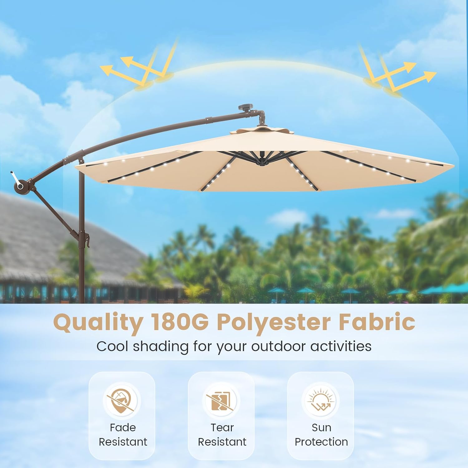 Tangkula 10FT Offset Patio Umbrella with Base Included, Outdoor Cantilever Umbrella with 40 Solar LED Lights, Tilt Adjustment, Crank Handle, Vented Top, Sand Bags for Pool Yard Deck (Beige)