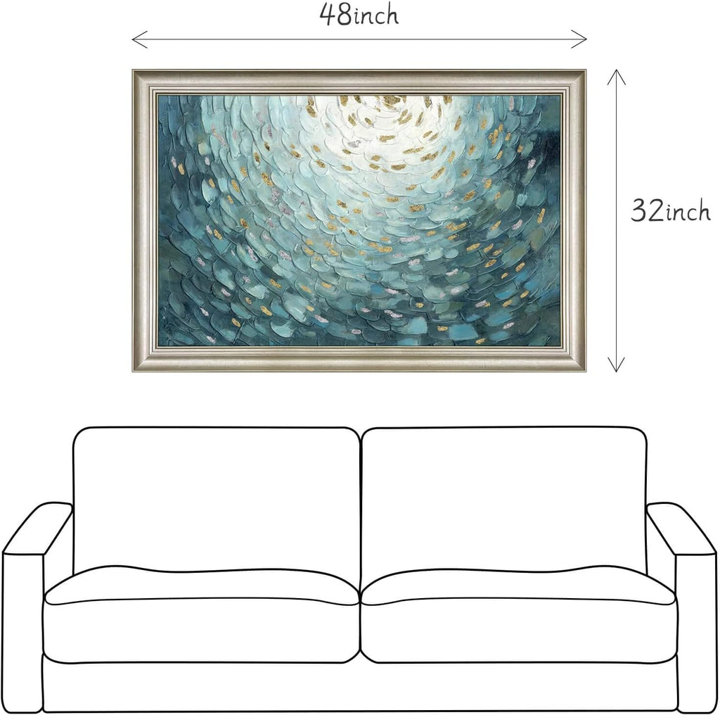 Framed Teal Abstract Canvas Art: Large Modern Hand Painted Textured Artwork Print Contemporary Turquoise Painting Picture with Gold Foil Wall Decor for Home Office Bedroom Living Room Decoration