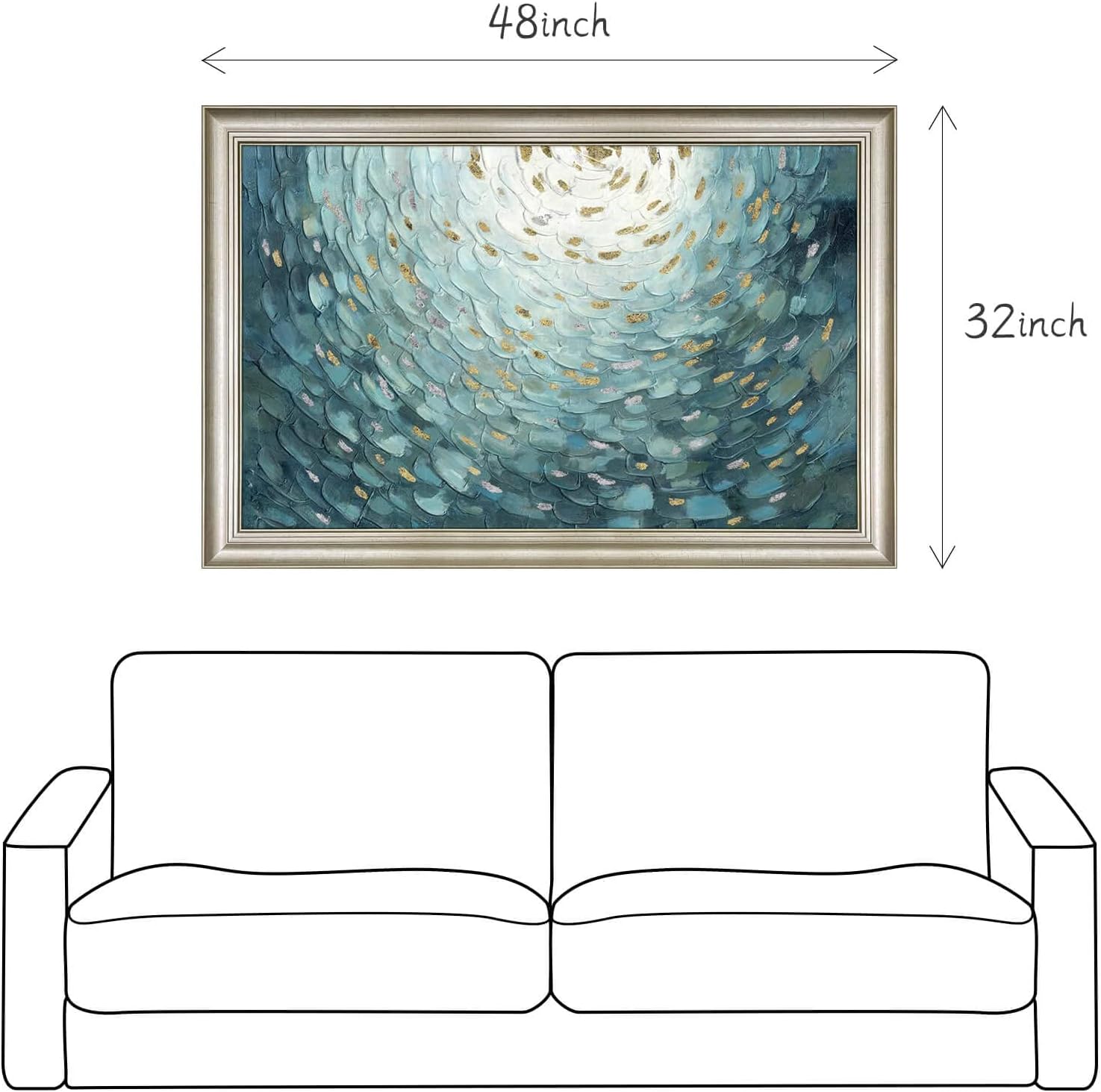 Framed Teal Abstract Canvas Art: Large Modern Hand Painted Textured Artwork Print Contemporary Turquoise Painting Picture with Gold Foil Wall Decor for Home Office Bedroom Living Room Decoration