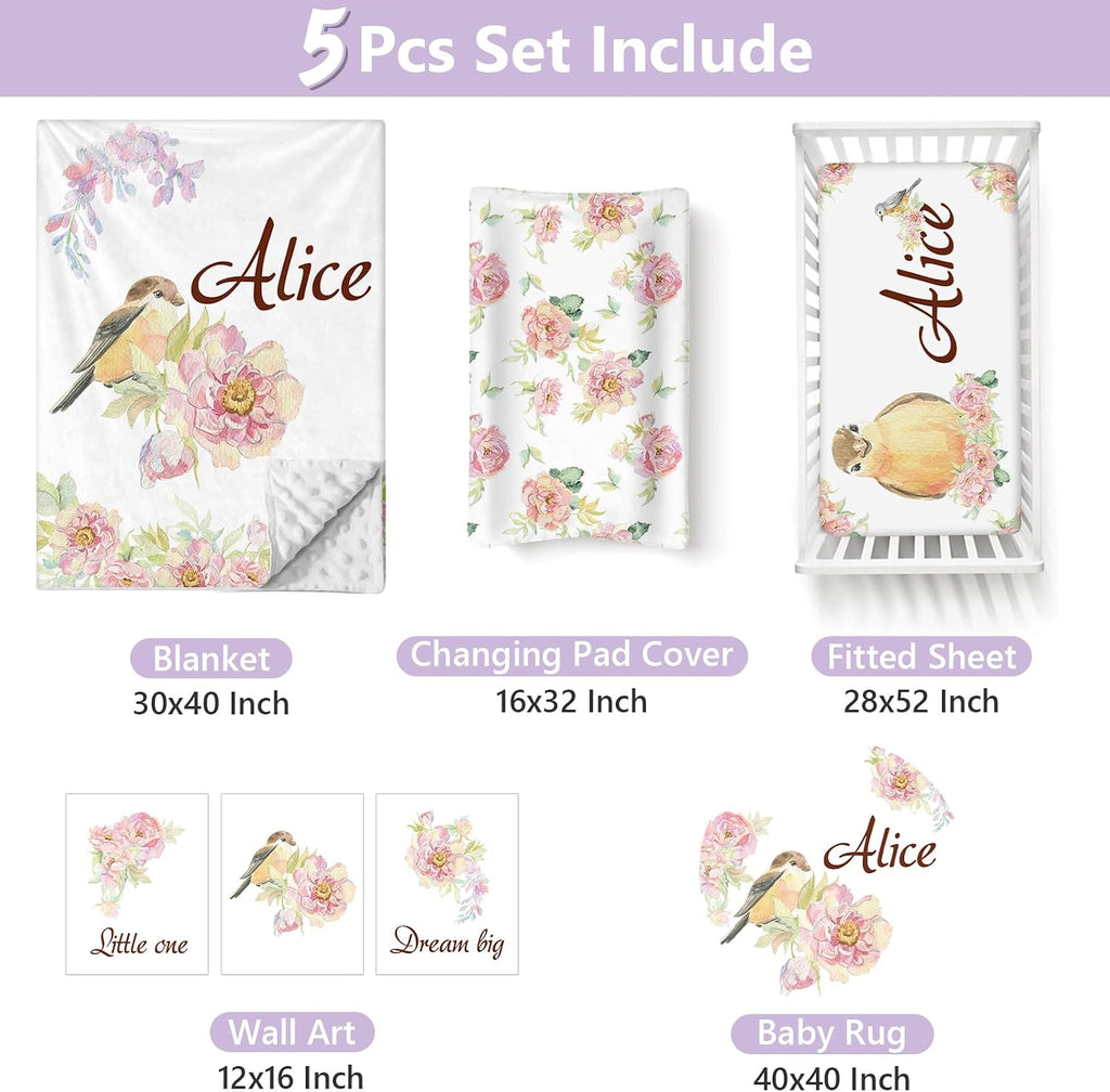 Custom Baby Crib Bedding Set, 5 PCS Personalized Name Baby Crib Sets for Girls Boys, Bird Theme Nursery Bedding Sets for Infant Toddler, Double Layer Flannel Bed Set Customized Gifts