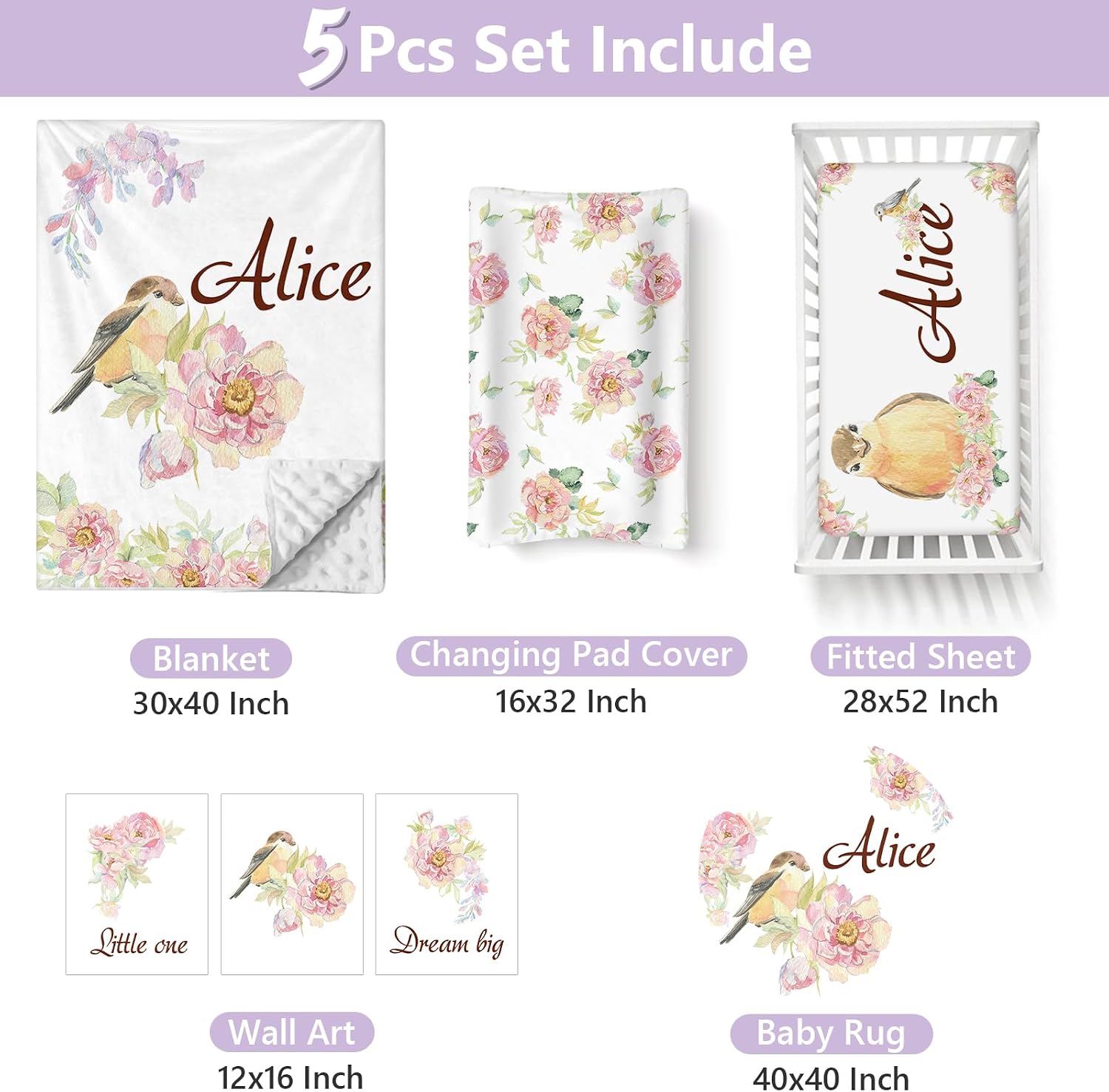 Custom Baby Crib Bedding Set, 5 PCS Personalized Name Baby Crib Sets for Girls Boys, Bird Theme Nursery Bedding Sets for Infant Toddler, Double Layer Flannel Bed Set Customized Gifts