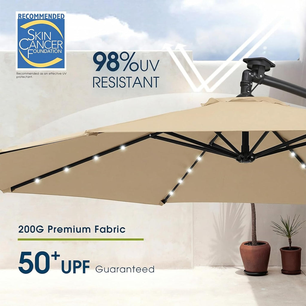 wikiwiki 10ft Solar LED Patio Umbrella with Base Included, Offset Umbrella with Weighted Sandbag Base, Cantilever Patio Umbrellas for Backyard, Garden & Deck, 32 LED Lights & Polyester Shade, Tan