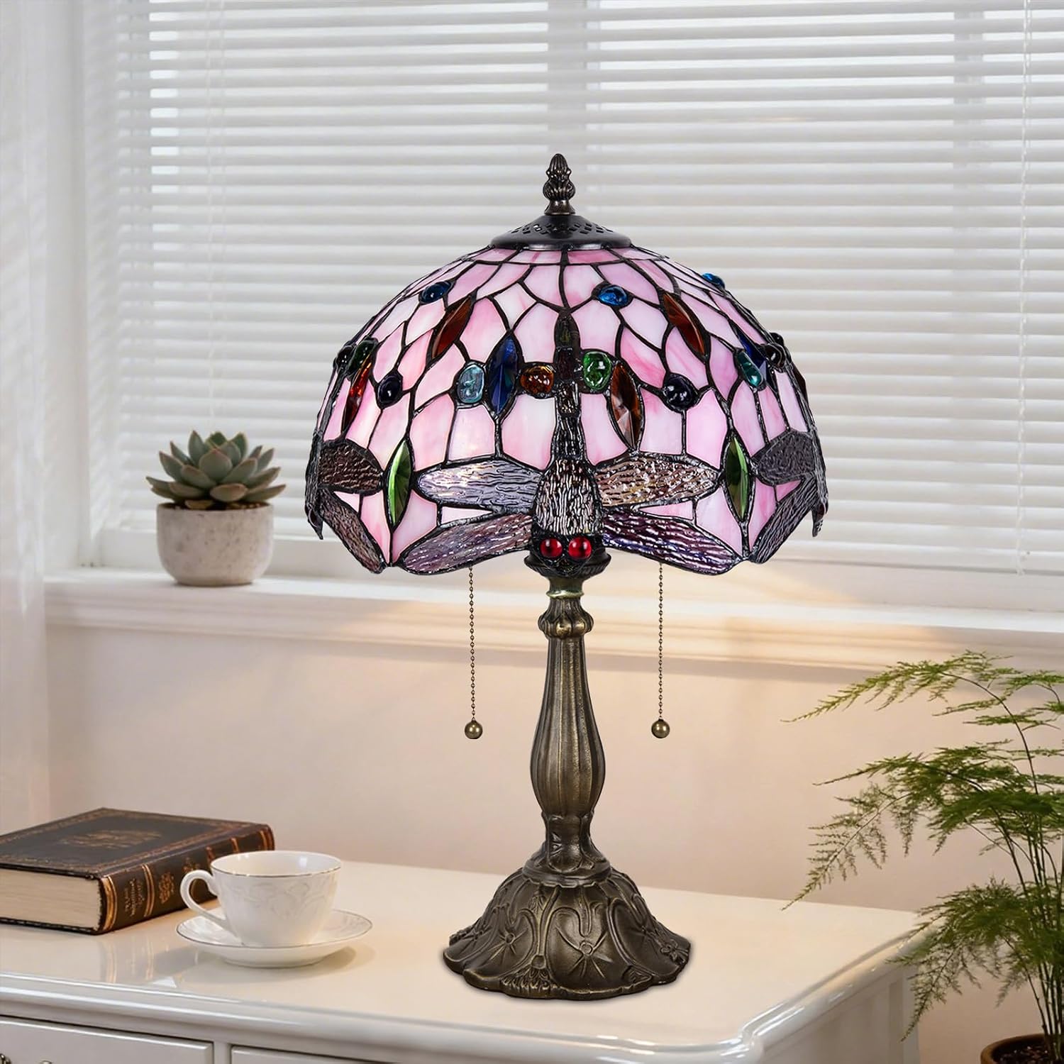 Tiffany Table Lamp, Pink Dragonfly Stained Glass Lamp,12 Inch Tiffany Style Lamp for Bedroom Living Room Home, Handcrafted Light, Included Bulb