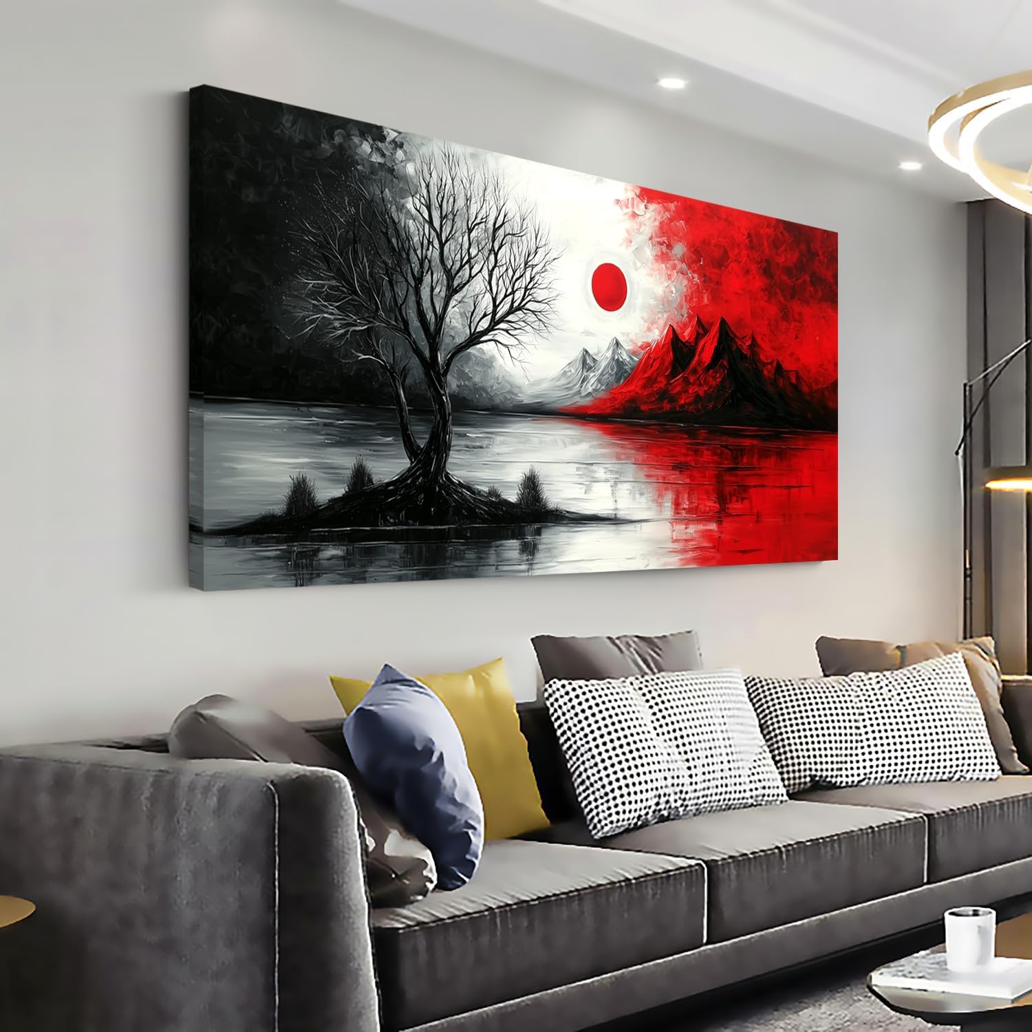 GAFSING Modern Abstract Canvas Wall Art, Black & Red Cloud Tree, 28x58inch, Living Room, Bedroom Decor
