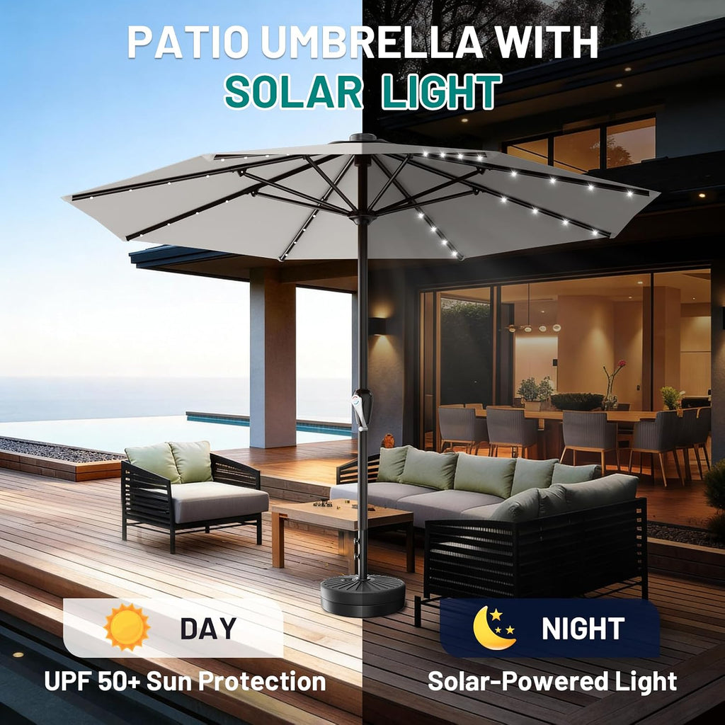 AreShark 12FT Large Patio Umbrella with Solar Lights, Solar Powered Outdoor Umbrella with Crank, Patio Table Market Umbrellas for Garden, Deck, Backyard, Pool and Beach, Light Gray