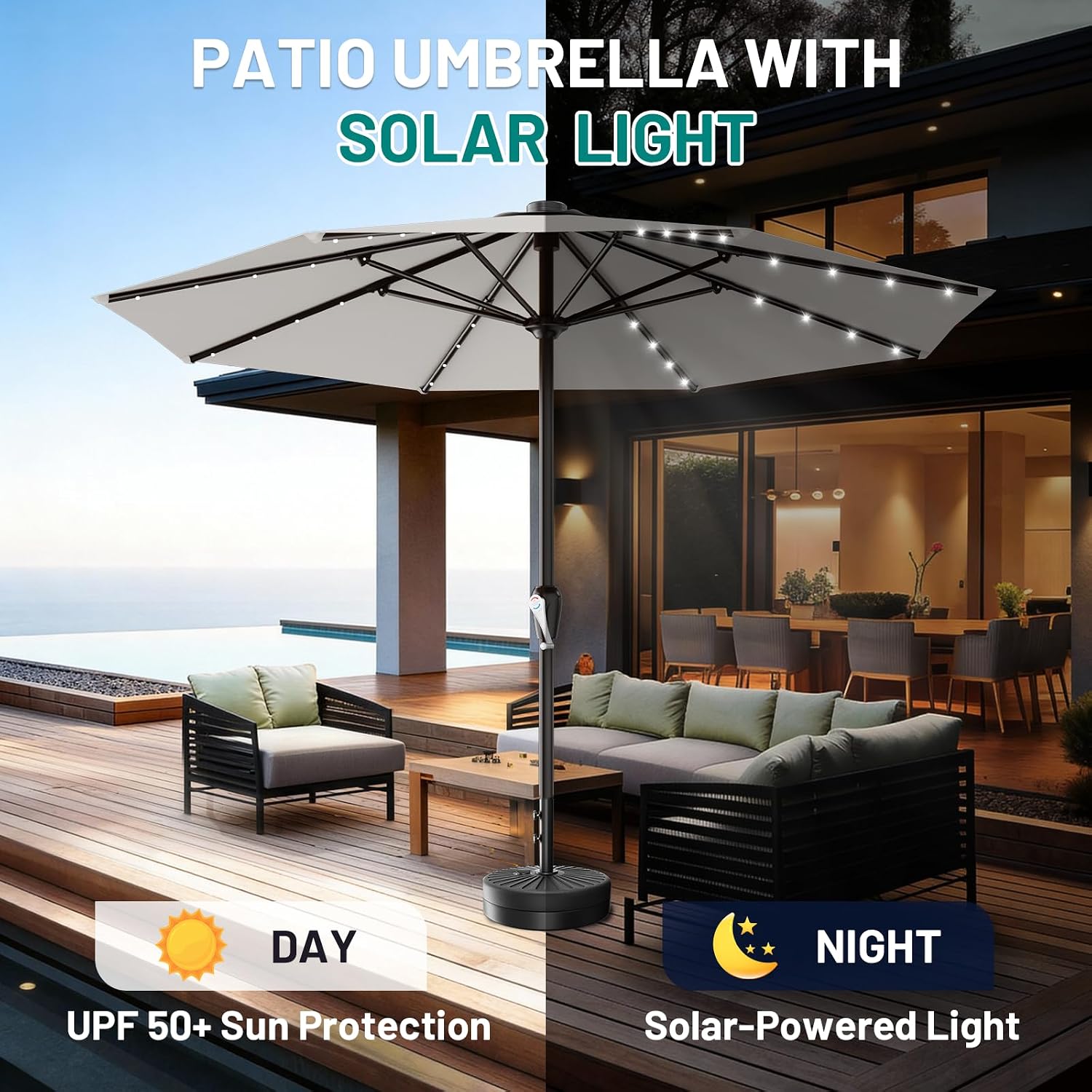 AreShark 12FT Large Patio Umbrella with Solar Lights, Solar Powered Outdoor Umbrella with Crank, Patio Table Market Umbrellas for Garden, Deck, Backyard, Pool and Beach, Light Gray