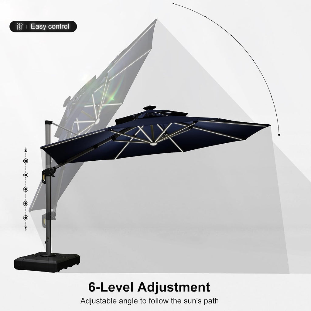 PURPLE LEAF 12ft Solar powered LED Patio Umbrella Outdoor Round Umbrella Large Cantilever Umbrellas with LED lights Windproof Offset Umbrellas Sun Umbrella for Garden Deck Pool Patio, Navy Blue
