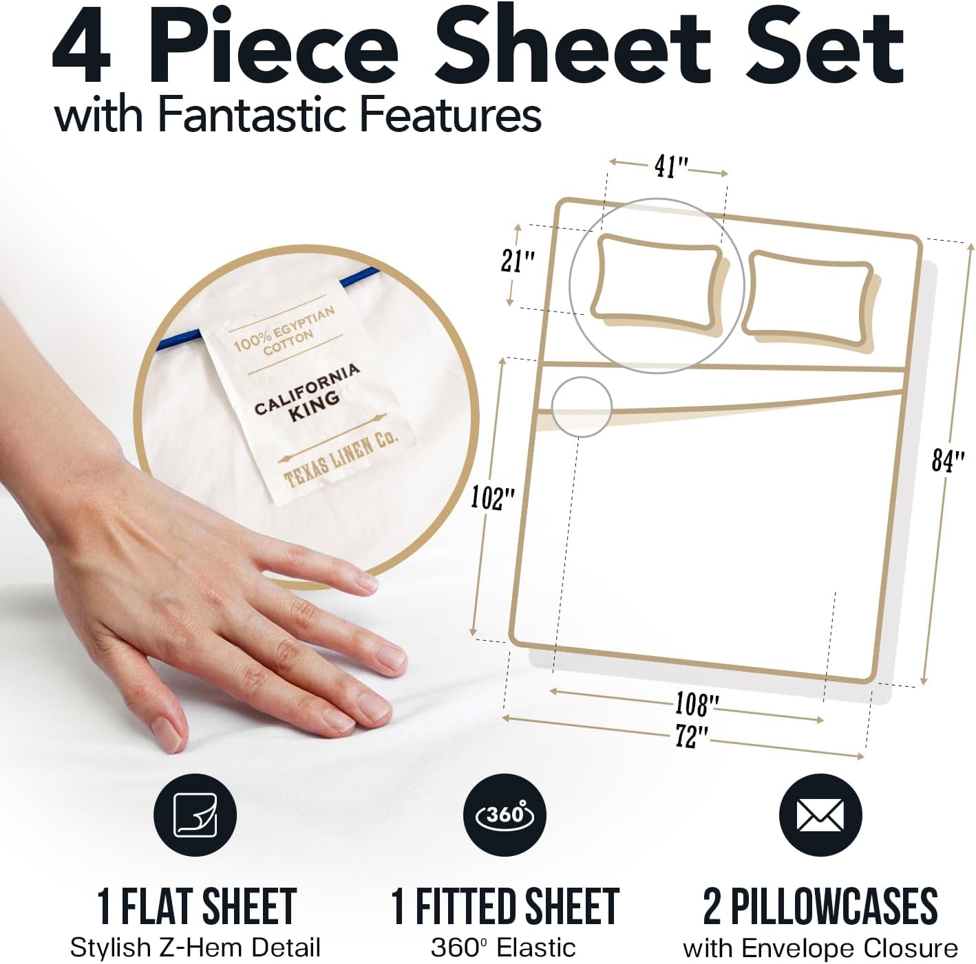 TEXAS LINEN CO. 100% Egyptian Cotton Sheets California King Size - Luxury 1500 Series Couture Comfortin' Collection Cal King Sheet Set Egyptian Cotton, (4 PC, Taupe), 17' Deep Pocket Bedsheet Set