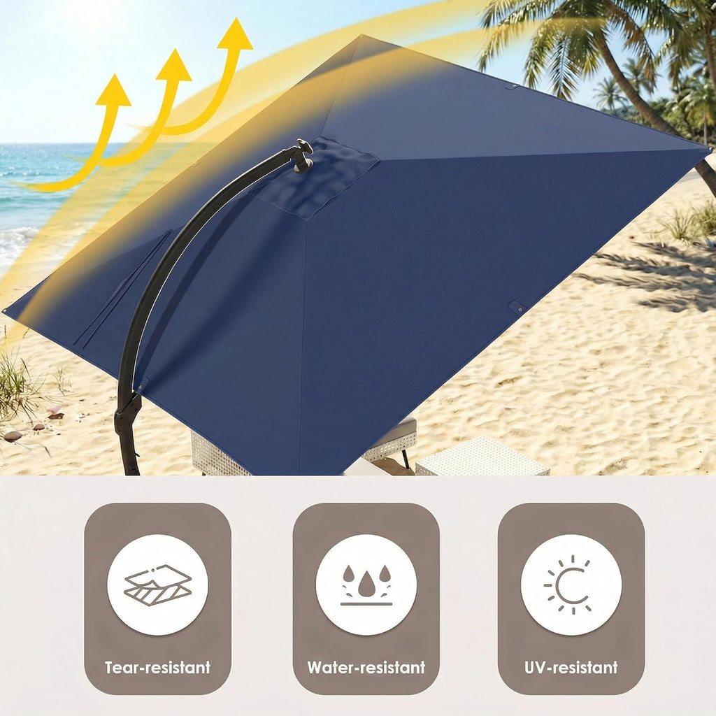 ENSTVER 11x11ft Large Cantilever Umbrella With Base Included & Solar Powered Led Lights, Deluxe Curvy All-Aluminum Rectangular Patio Umbrella For Deck, Pool And Backyard (Navy Blue)