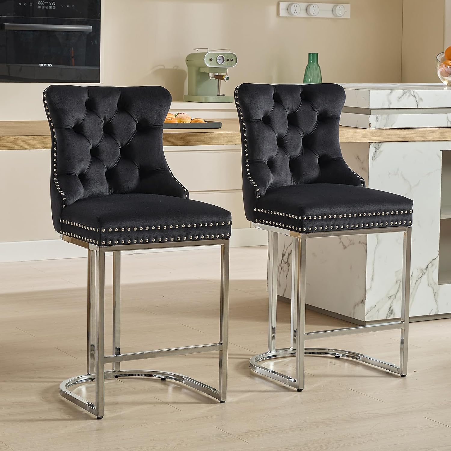 25' Counter Height Bar Stools Set of 4, Velvet Counter Stools for Kitchen Island, Tufted High Chair with Backs, Fabric Upholstered Modern Barstools for Pub Cafe, Chromed Metal Legs (Black, 4Pcs)