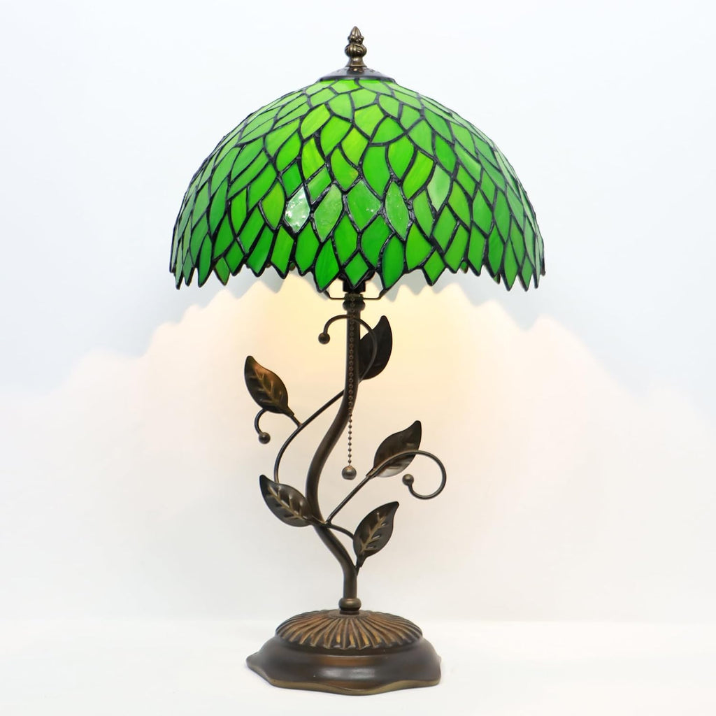 Tiffany Table Lamp, Stained Glass Desk Light, W12H19 Inch, Metal Leaf Base (Green Wisteria)