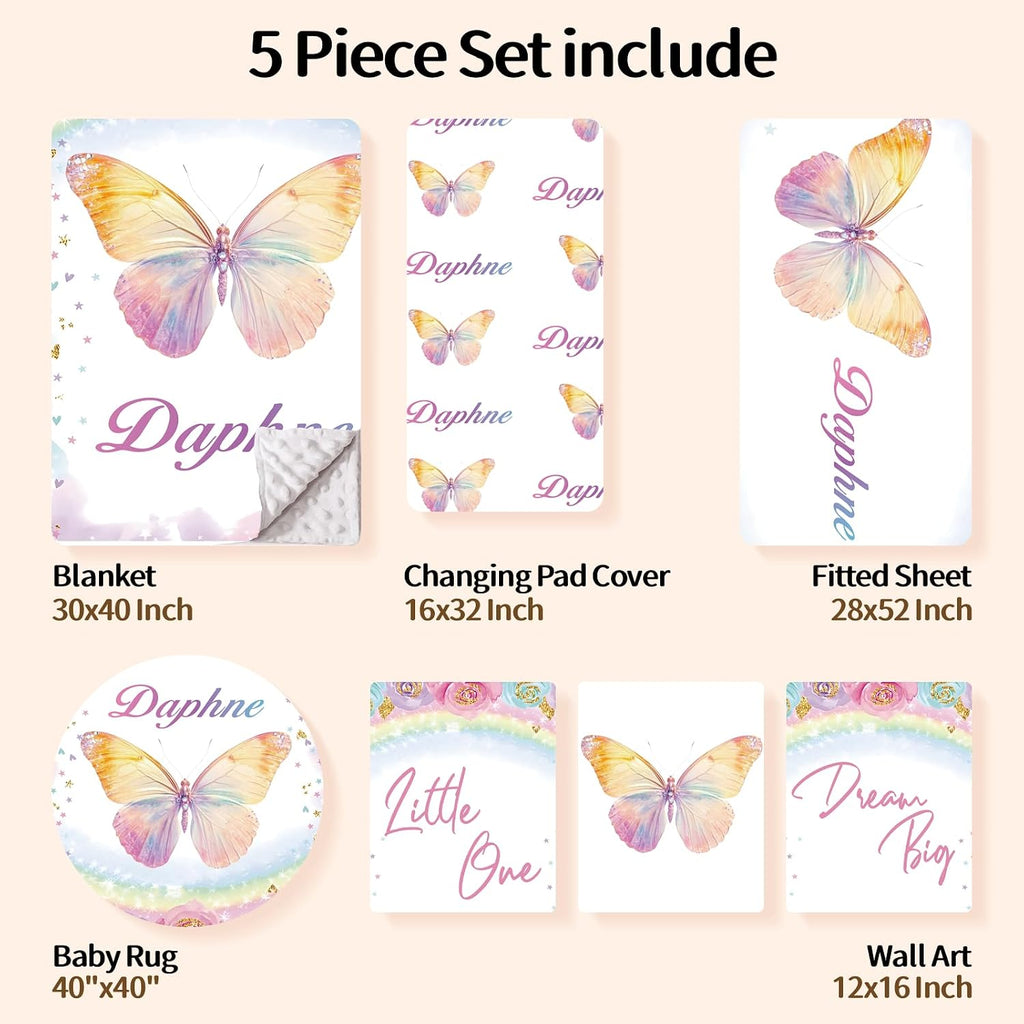 Personalized Baby Crib Bedding Set, Custom Name Nursery Bedding, Butterfly 5 Pcs Baby Bedding Set for Girl Boy, Double Layer Crib Set, Customized Gifts(Fixed Size)