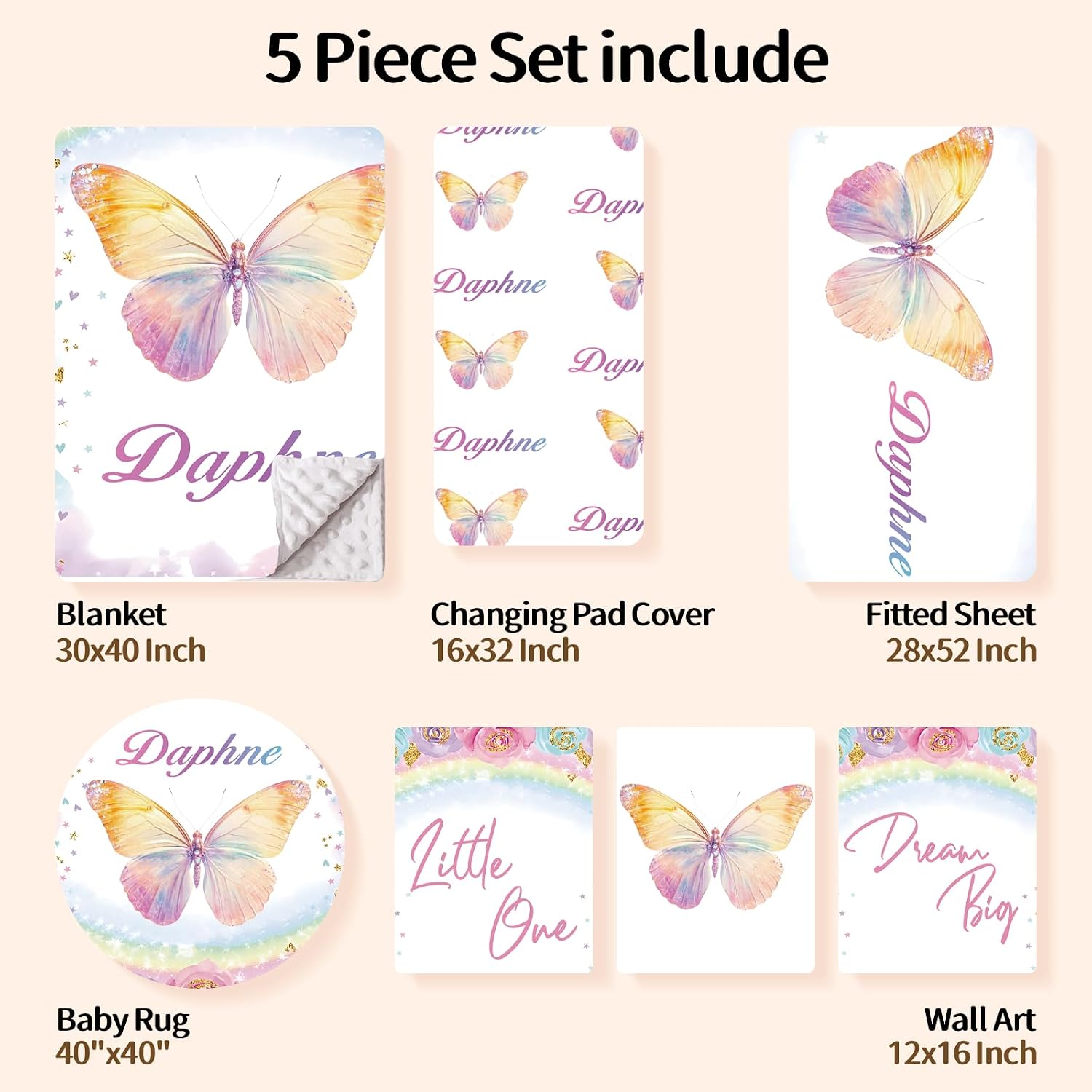 Personalized Baby Crib Bedding Set, Custom Name Nursery Bedding, Butterfly 5 Pcs Baby Bedding Set for Girl Boy, Double Layer Crib Set, Customized Gifts(Fixed Size)