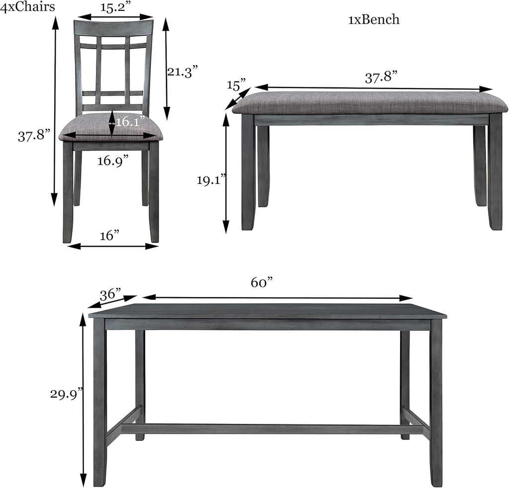 Wooden Rectangular Dining Table Set, Farmhouse Rustic 6-Piece Kitchen Set with 4 Upholstered Chairs and 1 Bench (Antique Graywash)