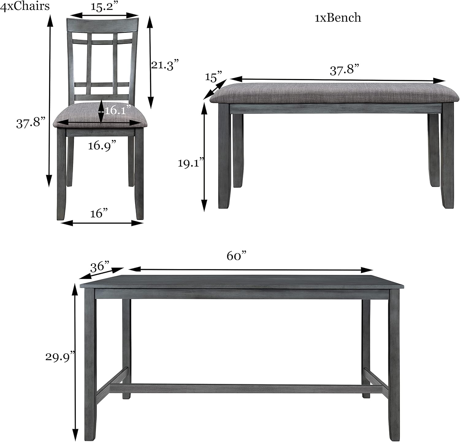 Wooden Rectangular Dining Table Set, Farmhouse Rustic 6-Piece Kitchen Set with 4 Upholstered Chairs and 1 Bench (Antique Graywash)
