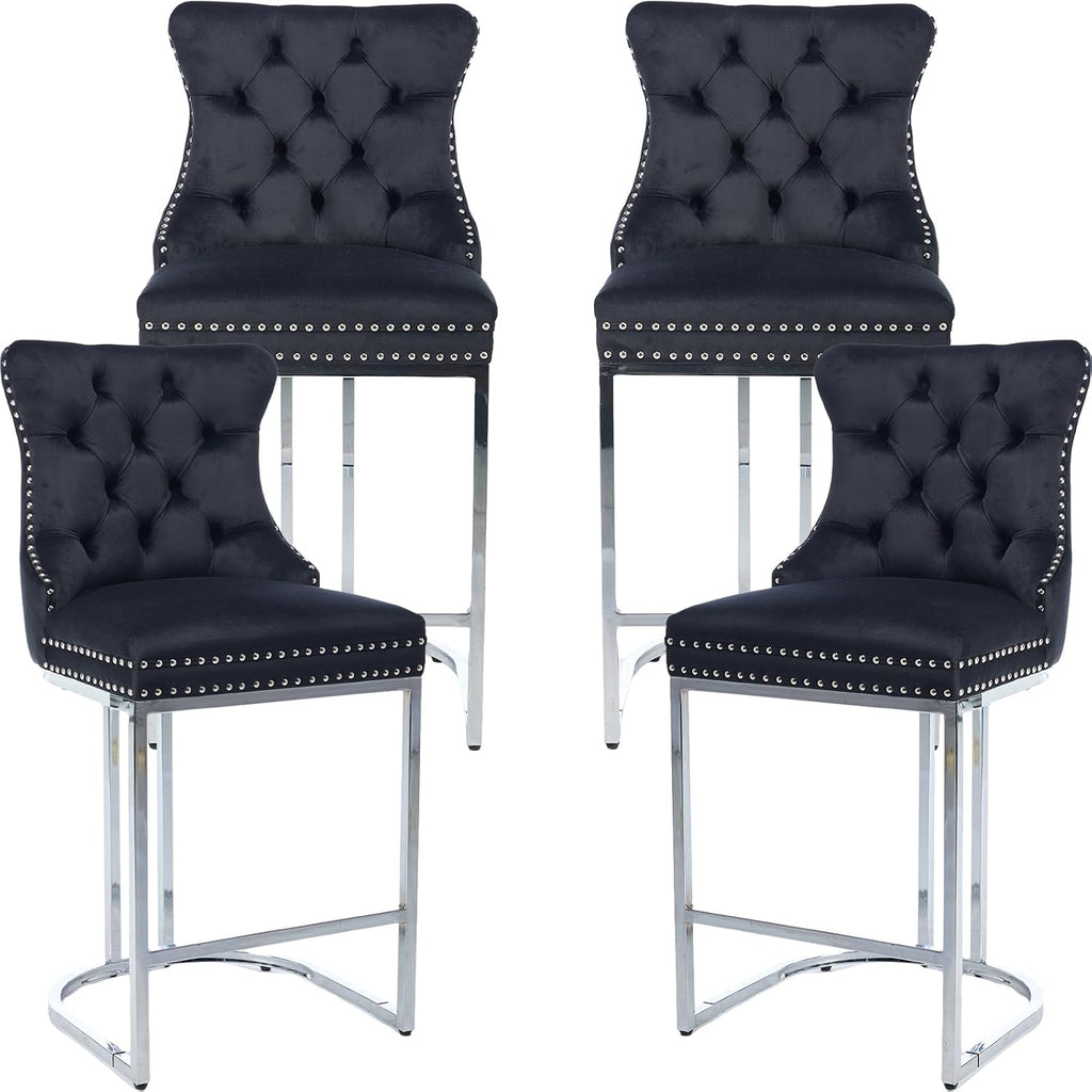 25' Counter Height Bar Stools Set of 4, Velvet Counter Stools for Kitchen Island, Tufted High Chair with Backs, Fabric Upholstered Modern Barstools for Pub Cafe, Chromed Metal Legs (Black, 4Pcs)
