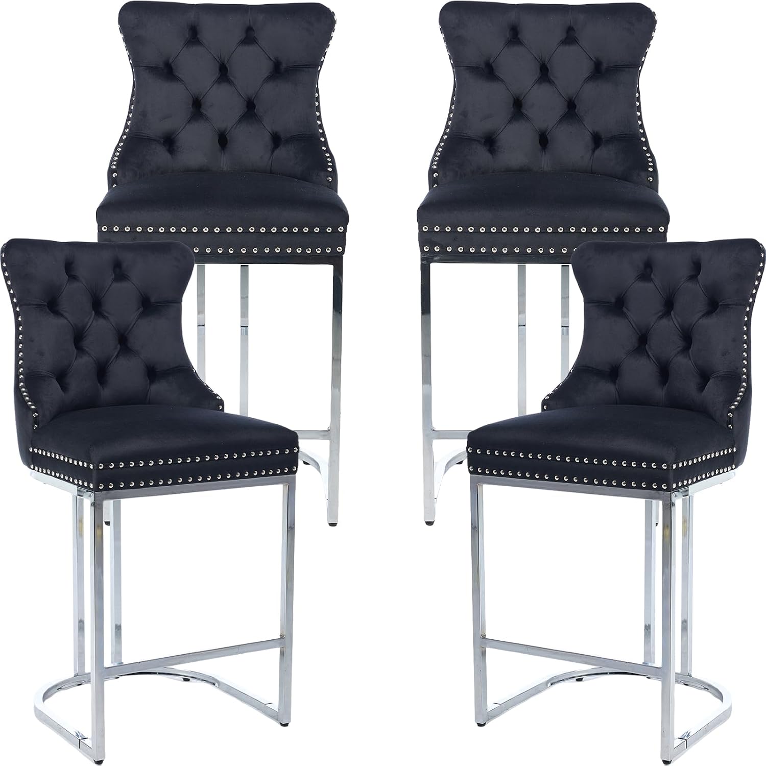 25' Counter Height Bar Stools Set of 4, Velvet Counter Stools for Kitchen Island, Tufted High Chair with Backs, Fabric Upholstered Modern Barstools for Pub Cafe, Chromed Metal Legs (Black, 4Pcs)