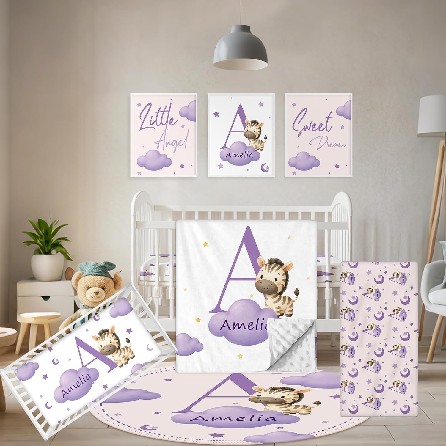 Terwex Personalized Baby Crib Bedding Set, 5 Pcs Custom Name Nursery Bedding Set, Purple Zebra Baby Bedding Set for Boys Girls, Double Layer Crib Sets, Customized Gifts for Infant Toddler New Parents