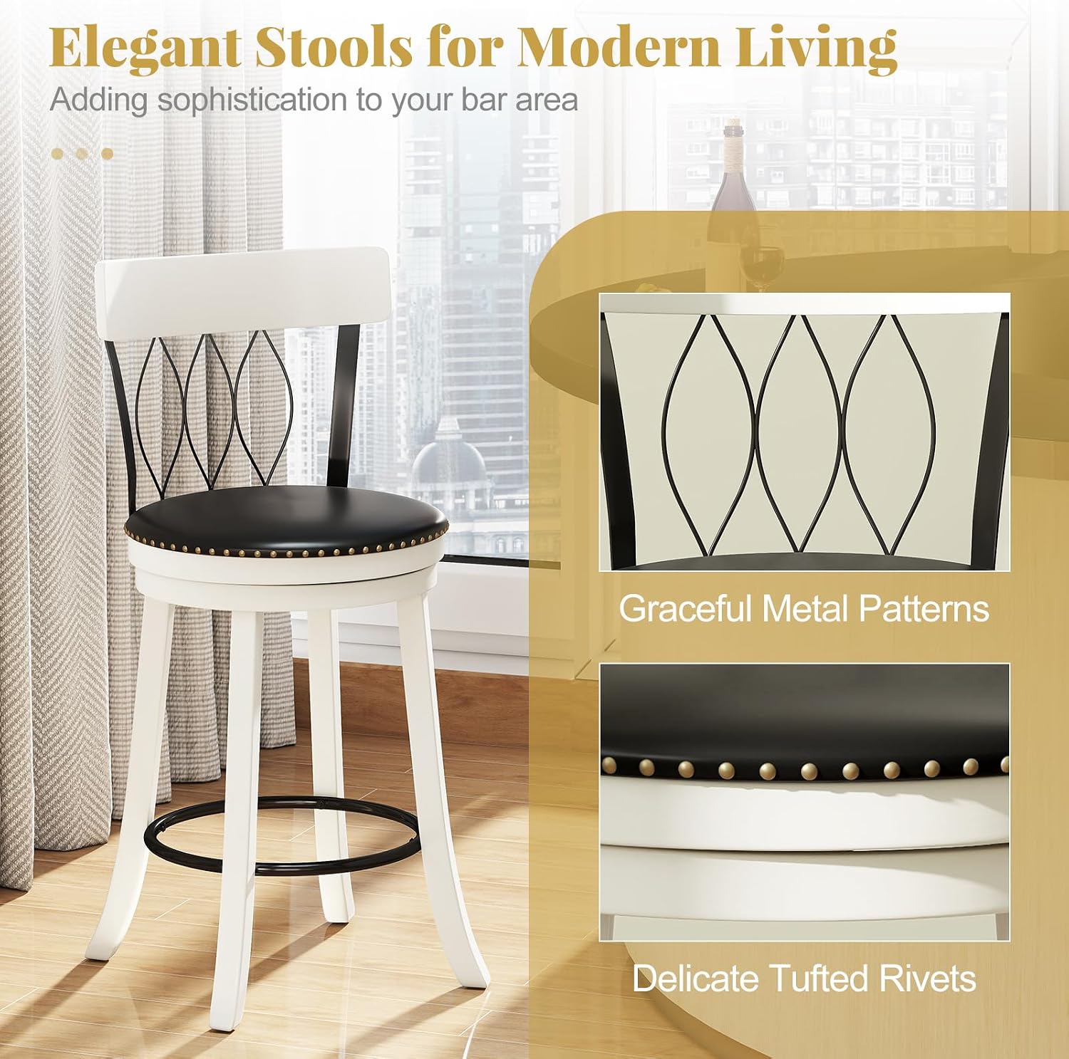 Giantex 26' Bar Stools Set of 4, Swivel Counter Height Bar Chairs with Footrest, Rubber Wood Frame & Tufted Rivets, Upholstered Modern PVC Leather Barstools for Kitchen Island & Pub
