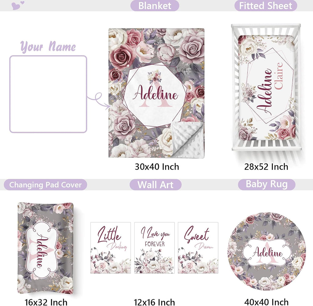 Personalized Baby Crib Bedding Set, 5 Pcs Custom Name Nursery Bedding Set for Girls Boys, Rose Baby Crib Set for Toddlers Infants, Double Layer Bedding Crib Sets Customized Gifts
