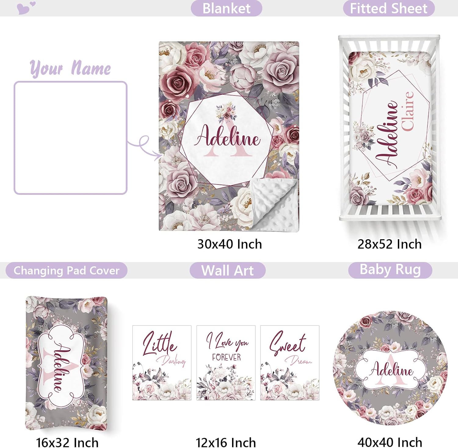 Personalized Baby Crib Bedding Set, 5 Pcs Custom Name Nursery Bedding Set for Girls Boys, Rose Baby Crib Set for Toddlers Infants, Double Layer Bedding Crib Sets Customized Gifts