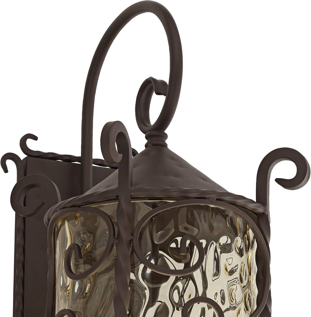 John Timberland Casa Seville Rustic Outdoor Wall Light Fixture Lantern Dark Walnut Iron Scroll 23 3/4' Hammered Glass Decor for Exterior House Porch Patio Outside Deck Garage Front Door Home