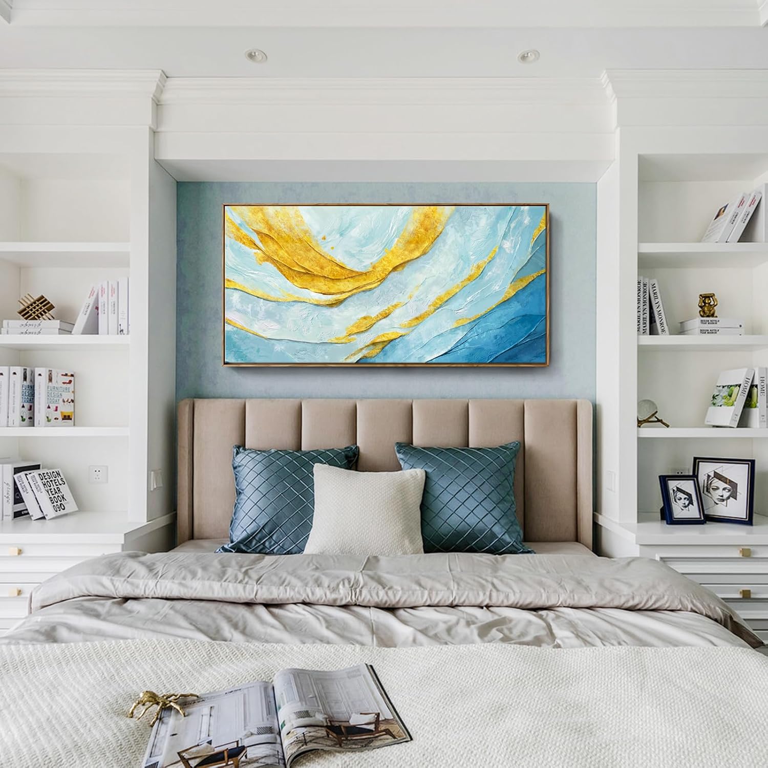 Nicetop Framed Abstract Wall Art for Living Room– Large Size Coastal Canvas Print Modern Picture Horizontal Blue and Gold Artwork with Wood Frame for Bedroom Home Office Aesthetic Decor 48x24 Inch