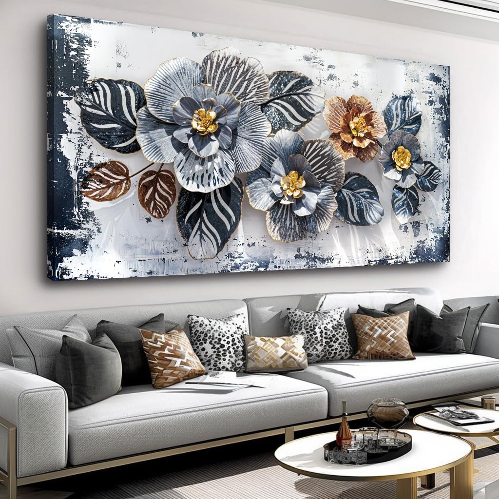 Large Floral Wall Art Decor Elegant Flower Framed Canvas Print Wall Décor for Living Room, Bedroom, Dining Room, and Home Office Modern Textured Ready to Hang - 24'x48'