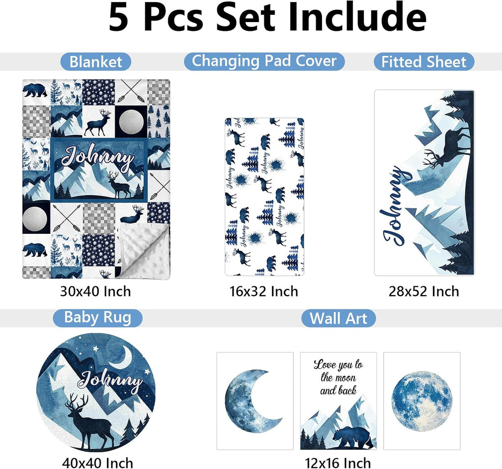 KAINSY Custom 5-Piece Baby Crib Bedding Set, Personalized Name for Toddlers, Blue Deer Nursery Set for Boy Girl, Double Layer Infant Crib Set, Customized Gifts