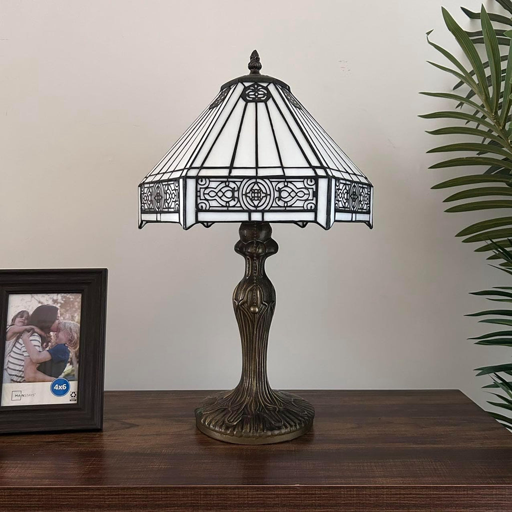 Tiffany Table Lamp White Stained Glass Hexagon LED Bulb Included for Living Room Bedroom Bedside 12'W*12' D*19' H