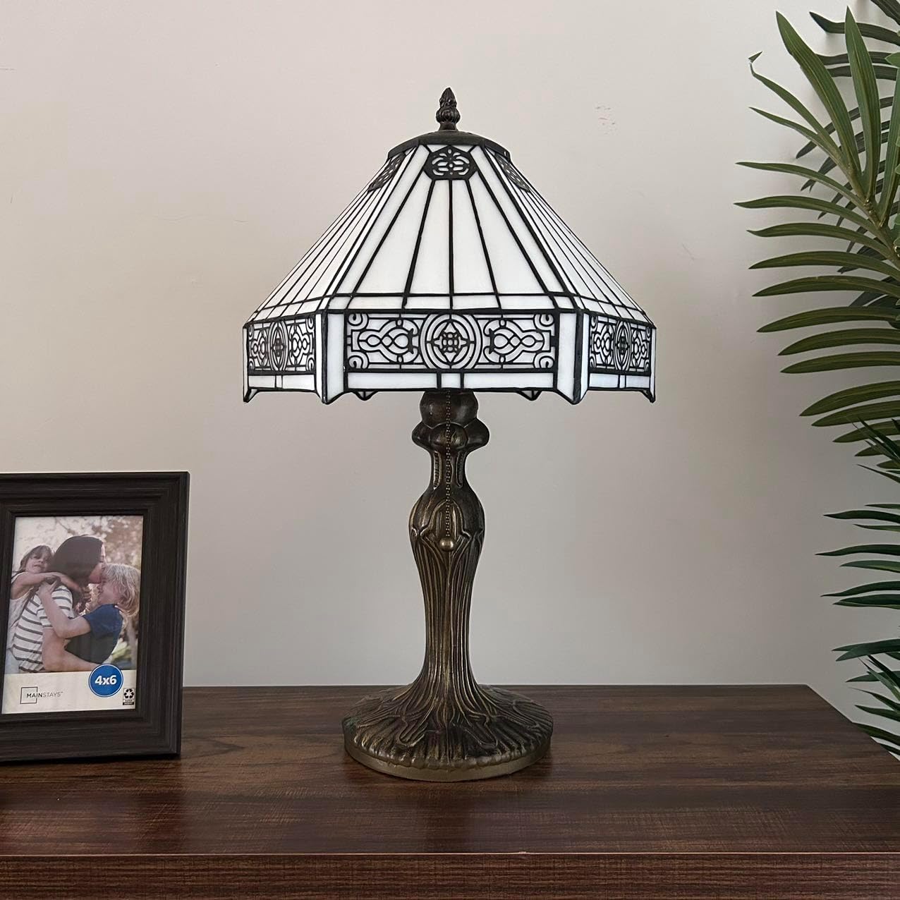 Tiffany Table Lamp White Stained Glass Hexagon LED Bulb Included for Living Room Bedroom Bedside 12'W*12' D*19' H